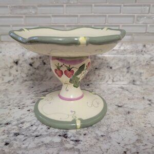 Partylite Ceramic Pedestal Candle Holder With Hand-Painted Strawberry Design